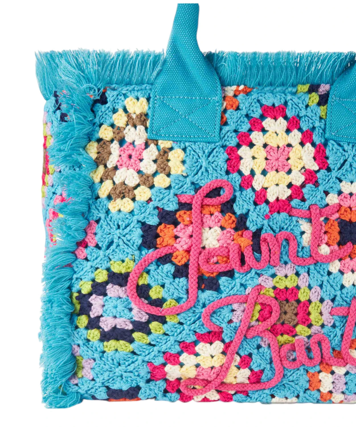 Borsa a spalla Vanity all’uncinetto azzurro con fantasia multicolore e frange-Mc2 Saint Barth-Borse a mano-Vittorio Citro Boutique