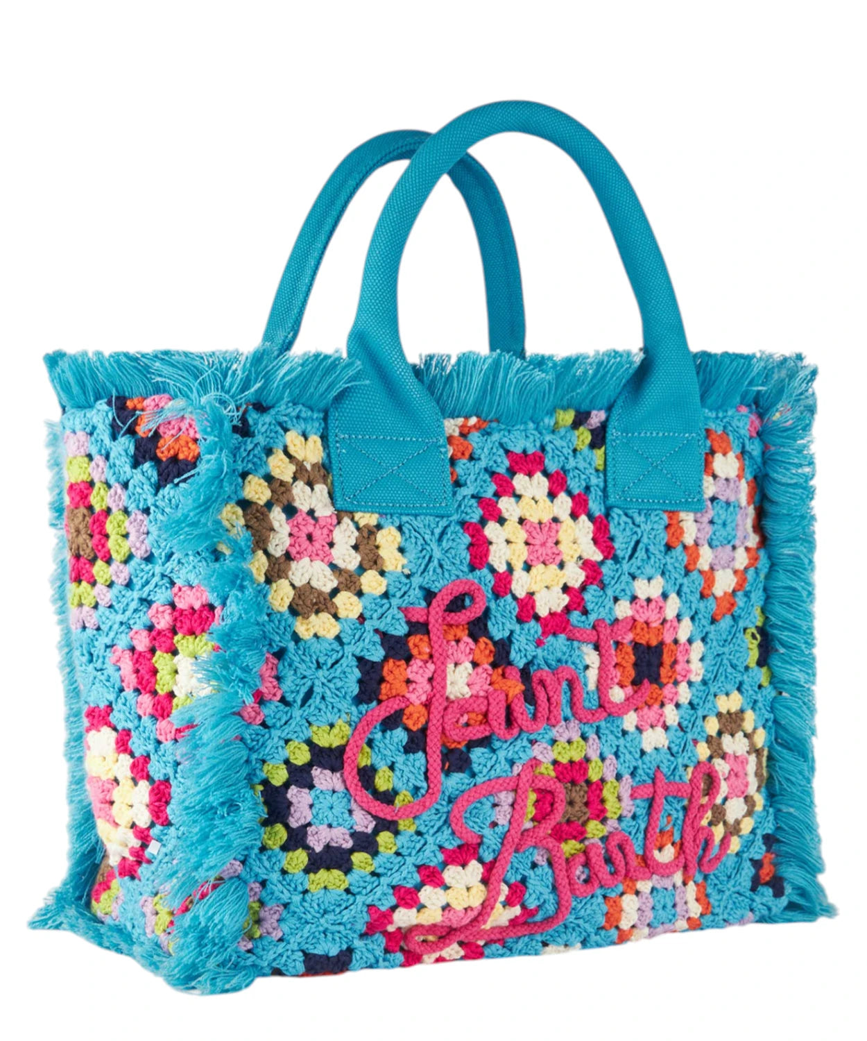 Borsa a spalla Vanity all’uncinetto azzurro con fantasia multicolore e frange-Mc2 Saint Barth-Borse a mano-Vittorio Citro Boutique