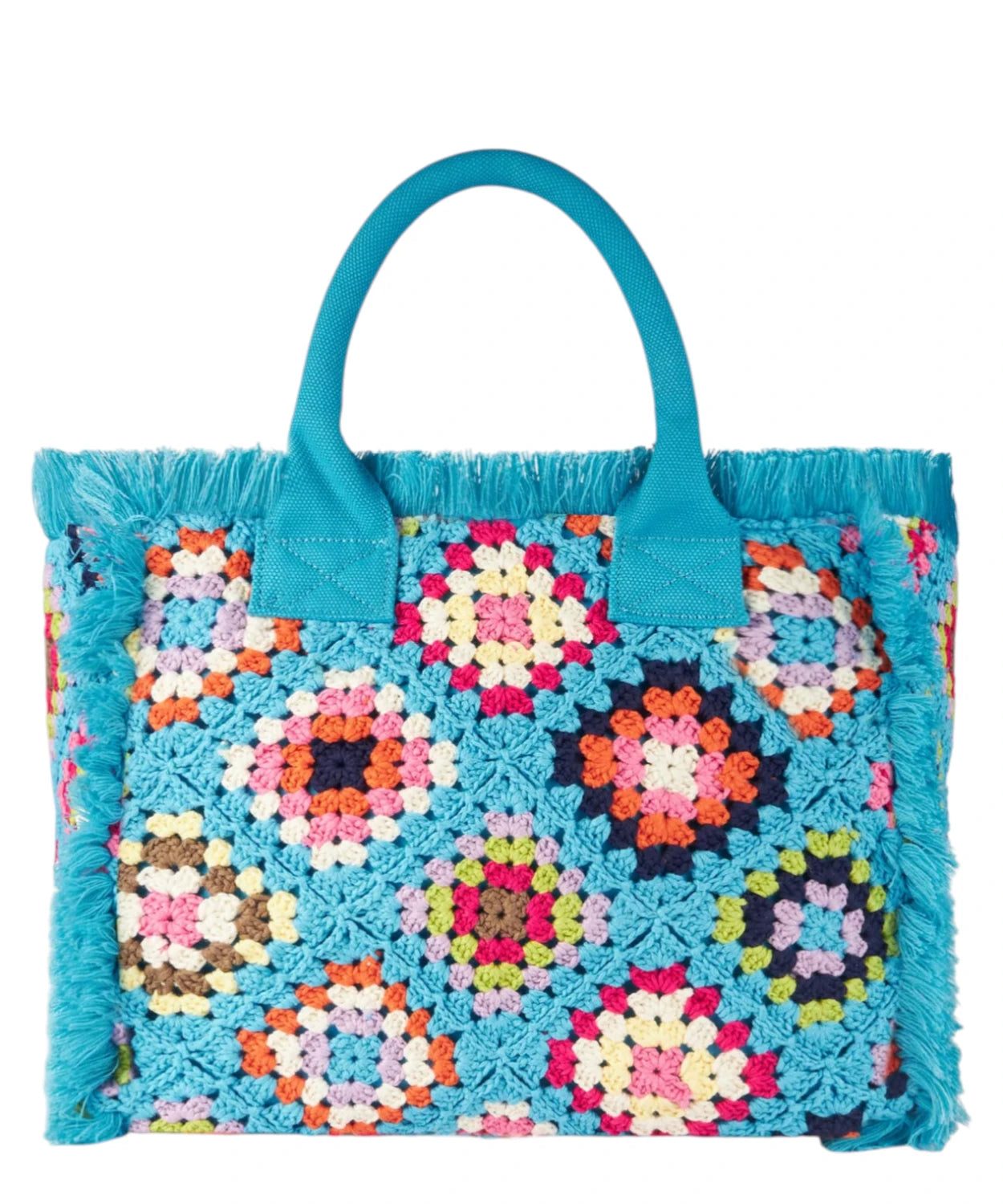 Borsa a spalla Vanity all’uncinetto azzurro con fantasia multicolore e frange-Mc2 Saint Barth-Borse a mano-Vittorio Citro Boutique