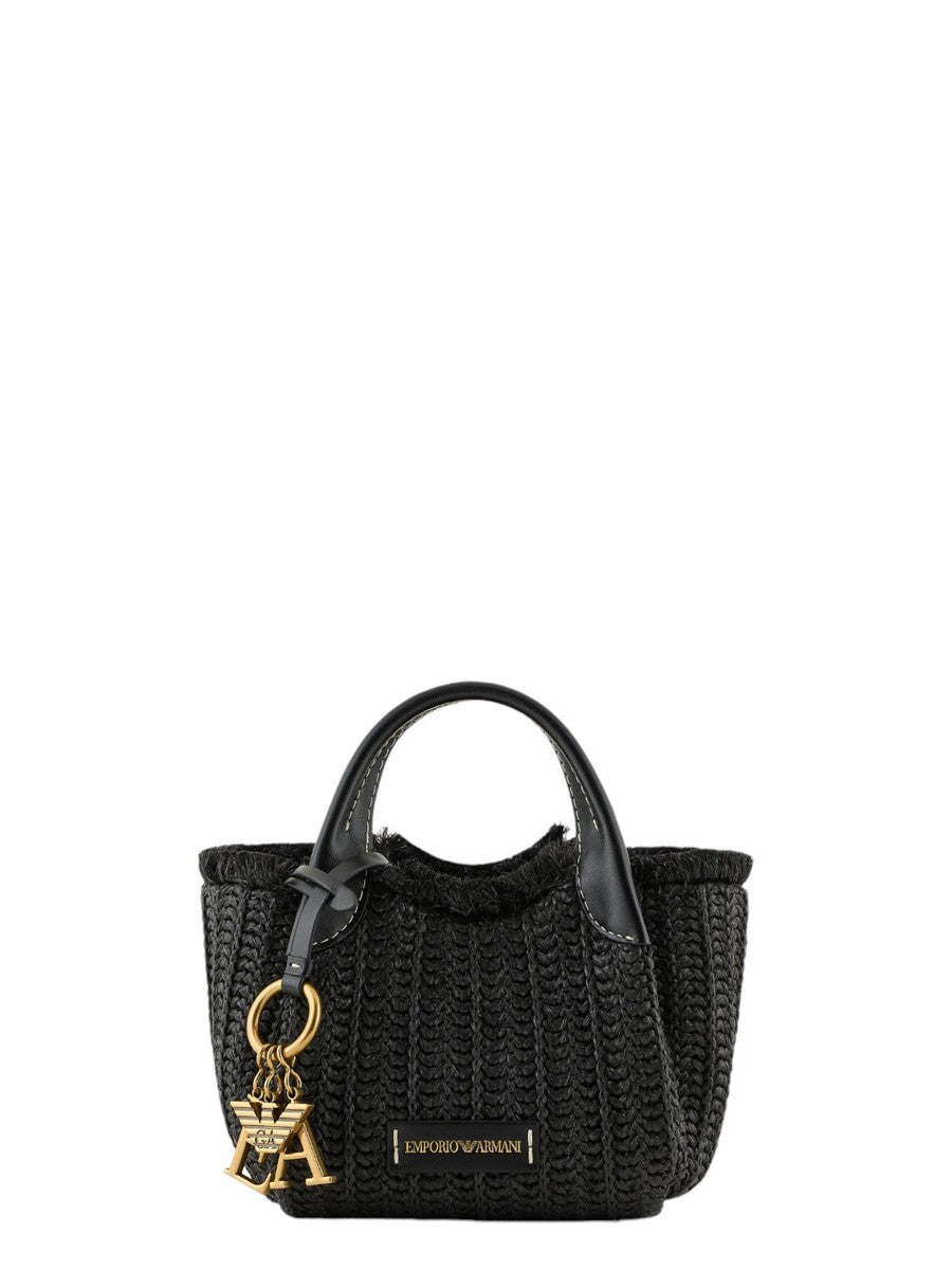 Borsa a mano in paglia intrecciata con charm logo-Emporio Armani-Borse a mano-Vittorio Citro Boutique