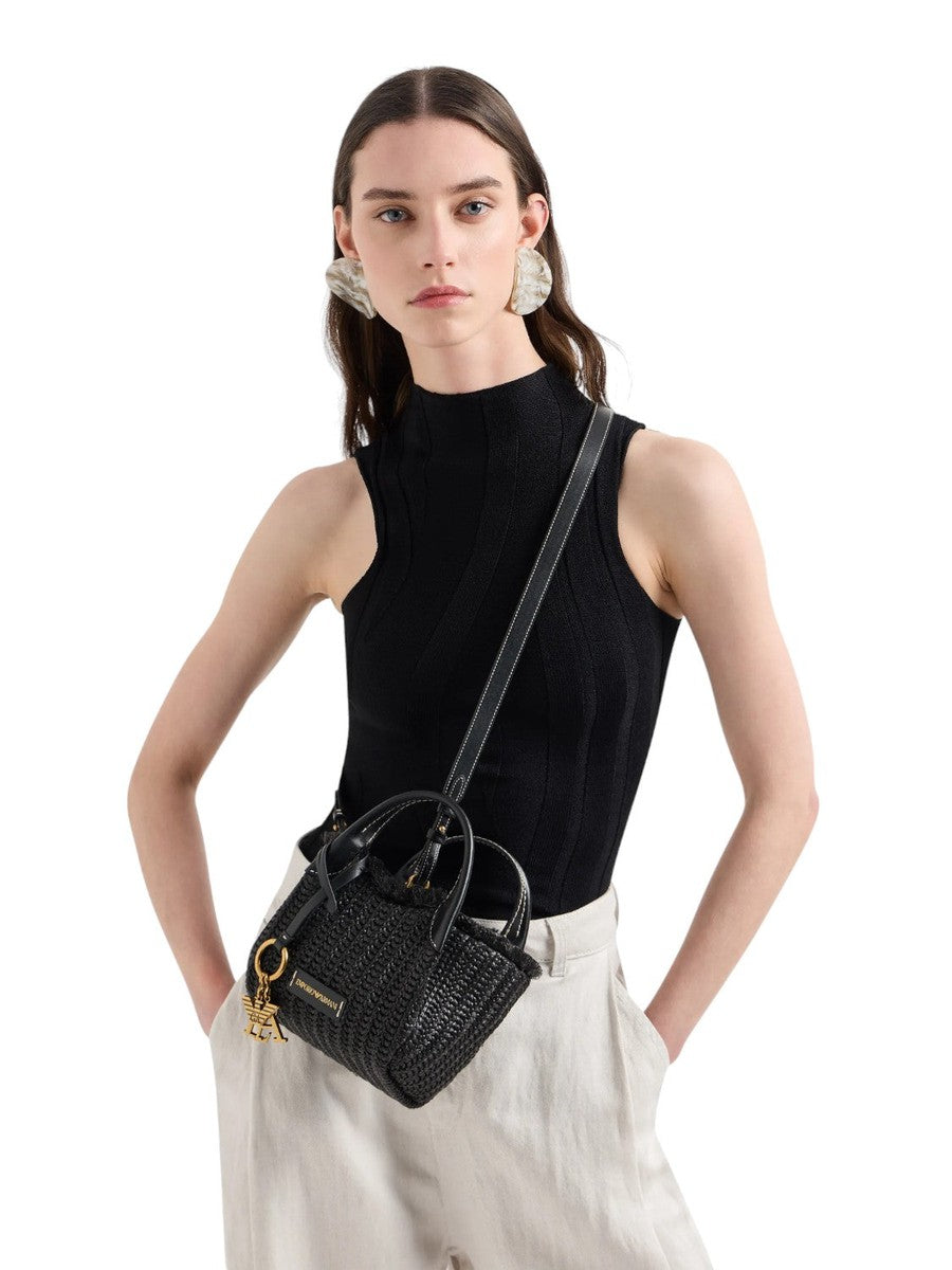 Borsa a mano in paglia intrecciata con charm logo-Emporio Armani-Borse a mano-Vittorio Citro Boutique